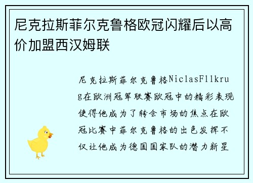 尼克拉斯菲尔克鲁格欧冠闪耀后以高价加盟西汉姆联
